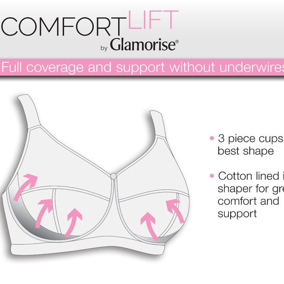 Set Of 3! 42i Glamorise COMFORT LIFT Bra (COTTON-LINED) Wireless LACE WHITE NEW - Picture 9 of 15